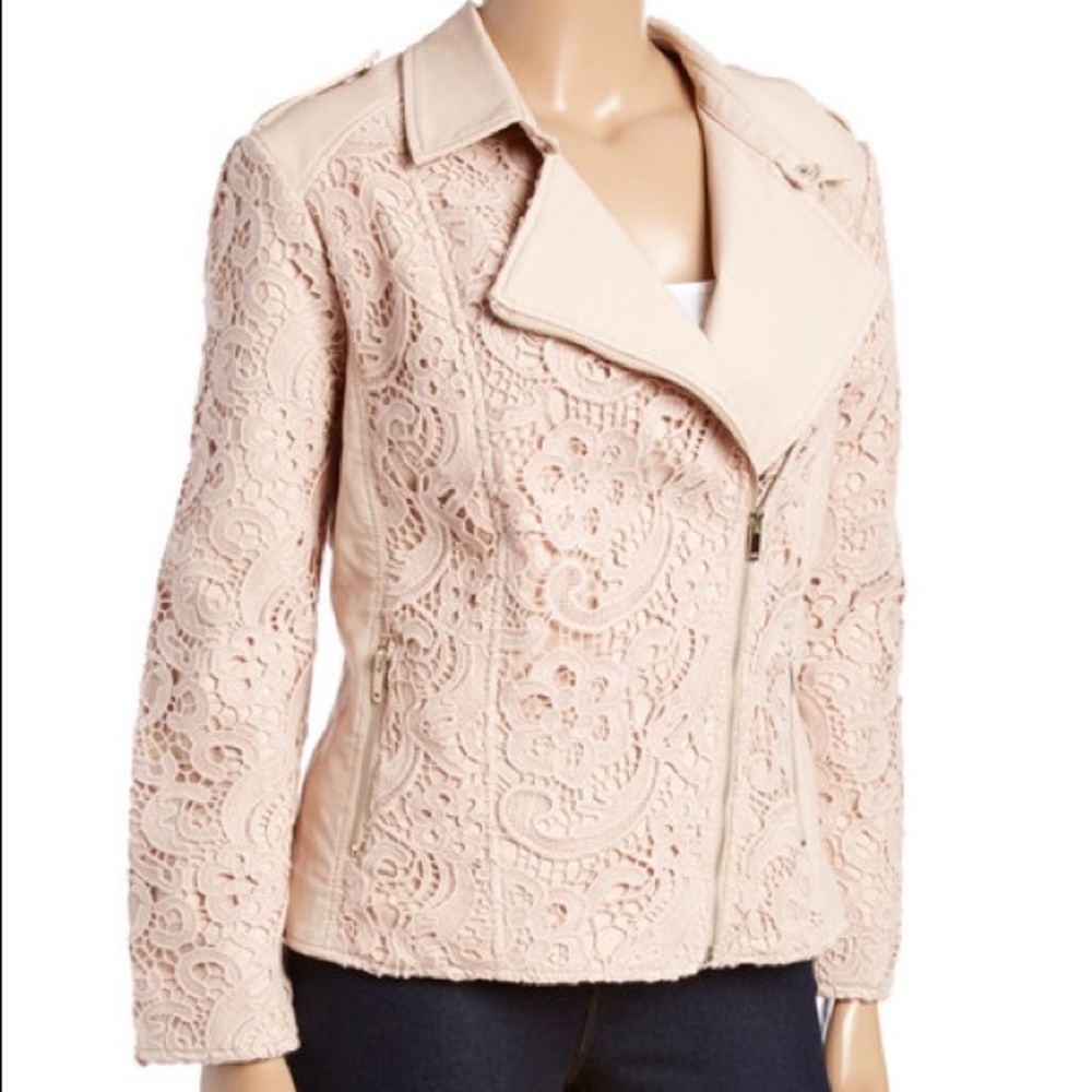 Blush Floral Lace Faux Leather Moto Jacket